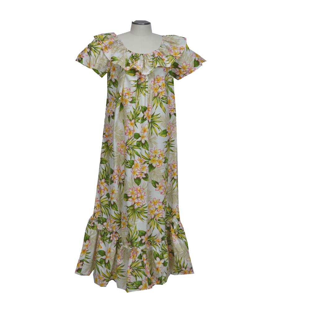 Plumeria Dream Long Muumuu Dress Made In Hawaii USA Cream / M Plumeria Dream Long Muumuu Dress Made In Hawaii USA Cream / M