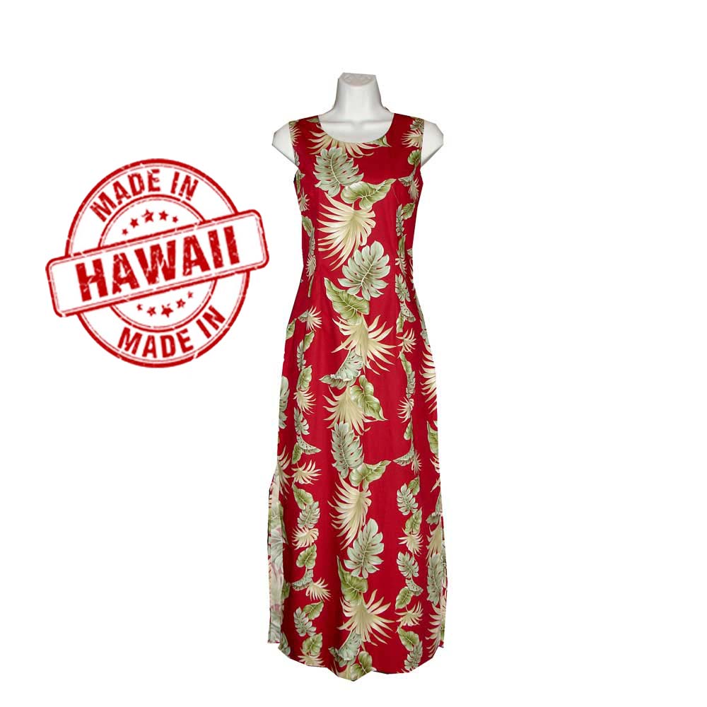 Hawaii Leaf Panel Long Tank White Dress -Handmade in Hawaii