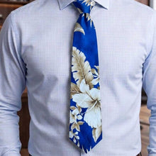 Load image into Gallery viewer, Men wearing necktie with vintage hibiscus Hawaiian print
