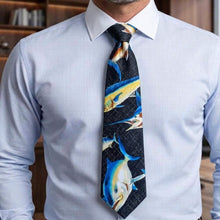 Load image into Gallery viewer, A man wearing Marlin Fish Hawaii necktie – Hawaiian fishing tie made in Hawaii
