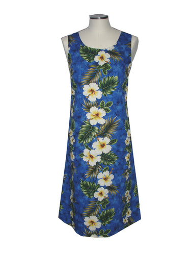Blue dress with tropical floral pattern on a mannequin against a white background