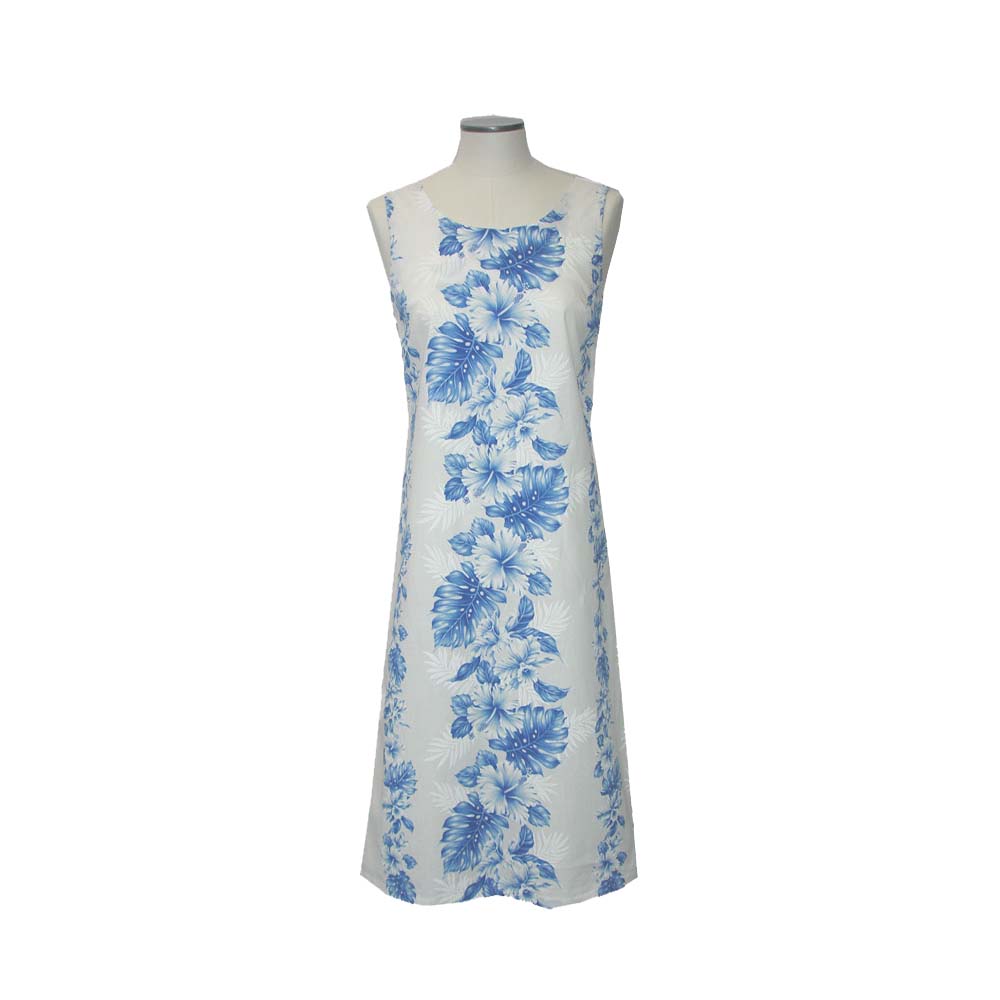 White dress with blue floral pattern on a mannequin against a white background