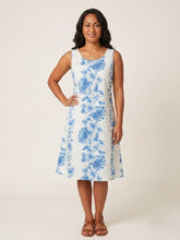 Load image into Gallery viewer, Woman wearing a knee length A line Hawaiian midi dress in Blue Hibiscus print handmade in Hawaii
