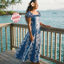Load image into Gallery viewer, Blue Hibiscus Hawaiian Muumuu Wedding Dress
