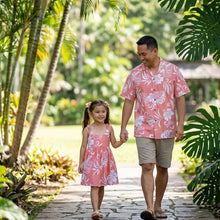 Load image into Gallery viewer, Father and daughter posing in matching Class Hibiscus print outfits, authentic made in Hawaii matching outfits by Ky's.
