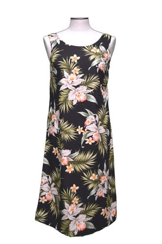 Black dress with tropical floral pattern on a mannequin against a white background