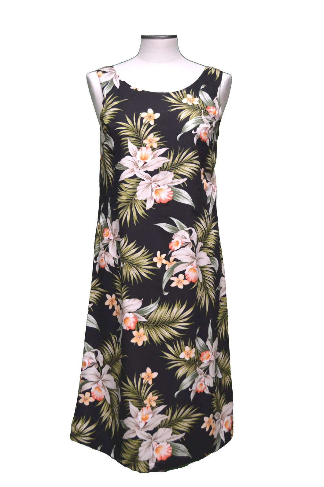 Black dress with tropical floral pattern on a mannequin against a white background