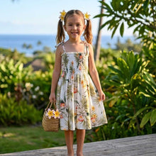 Load image into Gallery viewer, Little girl wearing the Classic Orchid Hawaiian smocked tube dress handmade in Honolulu.
