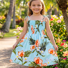 Load image into Gallery viewer, Little girl modeling the Akupu Orchid kids aloha dress, an authentic tropical dress for girls handmade in Honolulu.
