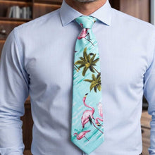 Load image into Gallery viewer, A light blue dress shirt worn by a man, featuring a Pink Flamingo Hawaiian necktie made in Hawaii tropical aloha tie
