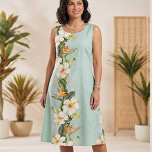 Load image into Gallery viewer, Handmade Green Hibiscus Shining Side Hawaiian Midi Dress in Cotton Poplin.
