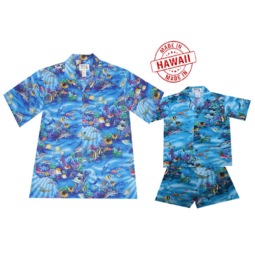 Father and son in scenic tropical Aloha shirts – 100% cotton