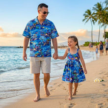Load image into Gallery viewer, Father and daughter wearing matching Hanauma Bay tropical Hawaiian matching sets, featuring a men's Aloha shirt and a girls' dress handmade from 100% cotton poplin in Honolulu.
