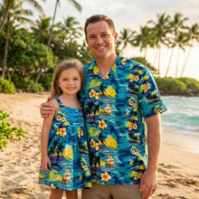 Load image into Gallery viewer, Father and daughter wearing matching Aloha outfits in the exclusive Hawaii Sunset print, handmade in Hawaii
