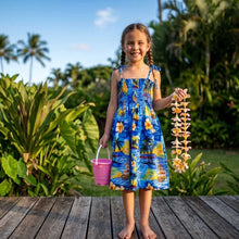Load image into Gallery viewer, Little girl wearing the Hawaii Sunset cotton girls hawaiian dress, an authentic kids aloha wear style handmade in Honolulu.
