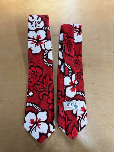 Tropical Aloha tie featuring red hibiscus flowers on cotton fabric