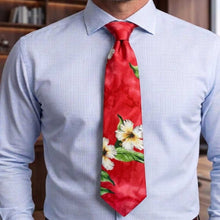 Load image into Gallery viewer, Men wearing red Hawaiian Floral neck tie handmade in Hawaii
