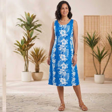 Load image into Gallery viewer, authentic handmade in Hawaii white A-line midi Hawaiian dress for women with a blue hibiscus floral print.
