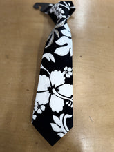 Load image into Gallery viewer, Hibiscus Hawaiian black necktie 100% cotton handmade in Honolulu
