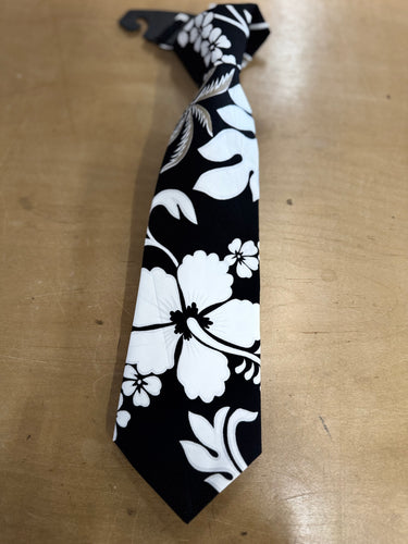 Hibiscus Hawaiian black necktie 100% cotton handmade in Honolulu