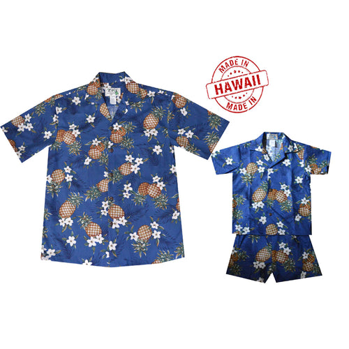 Dad and son wearing matching pineapple print Hawaiian shirts made in Hawaii