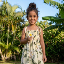 Load image into Gallery viewer, Little girl wearing the exclusive hibiscus print kids hawaiian dress handmade in Honolulu.
