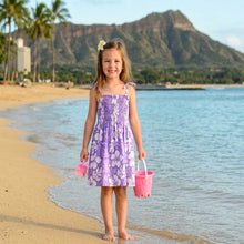 Load image into Gallery viewer, Little girl wearing an authentic made in hawaii girls dress in an exclusive hibiscus print, handmade in Honolulu.
