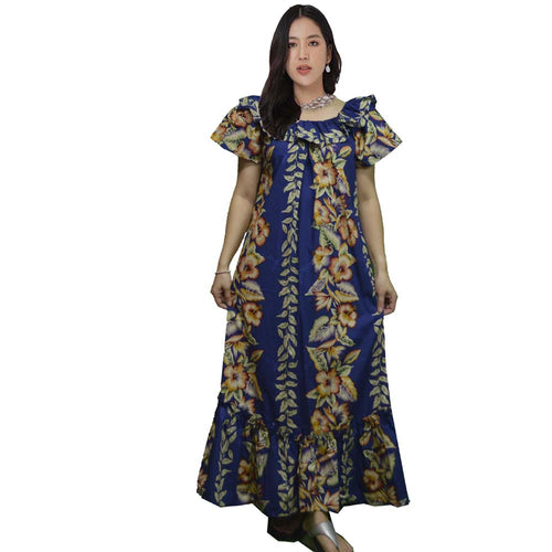 women wear long navy Hawaiian muumuu dress handmade in Honolulu