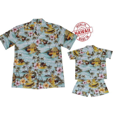 Men’s and boys’ Aloha shirts in exclusive rooster design – made in Hawaii