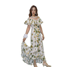 Load image into Gallery viewer, Woman wearing a handmade traditional muumuu dress in white with yellow hibiscus floral print, off-shoulder ruffle neckline, sweetheart front and back, and fishtail hem – a cotton Hawaiian dress perfect for hula dancers and beach weddings in Hawaii.
