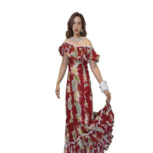 Load image into Gallery viewer, Woman wearing a handmade traditional muumuu dress in red with Hawaii leaf print, featuring an off-shoulder ruffled neckline, sweetheart detail, and fishtail hem – an authentic long cotton Hawaiian dress perfect for beach weddings in Hawaii.

