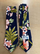 Load image into Gallery viewer, navy Hawaii tie with coral hibiscus floral print
