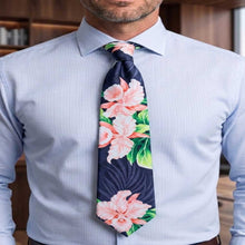 Load image into Gallery viewer, Men wearing formal necktie with orchid Hawaiian print
