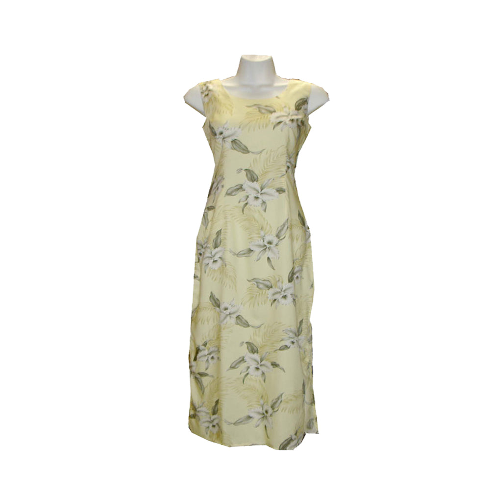 Orchid Garden Yellow Rayon Hawaiian Long Tank Dress