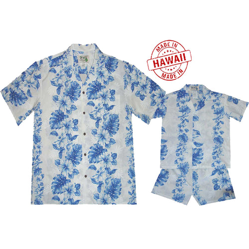 Dad and Son wearing matching Orchid Hibiscus Hawaiian shirts – Family outfits made in Hawaii by Edens Hawaii