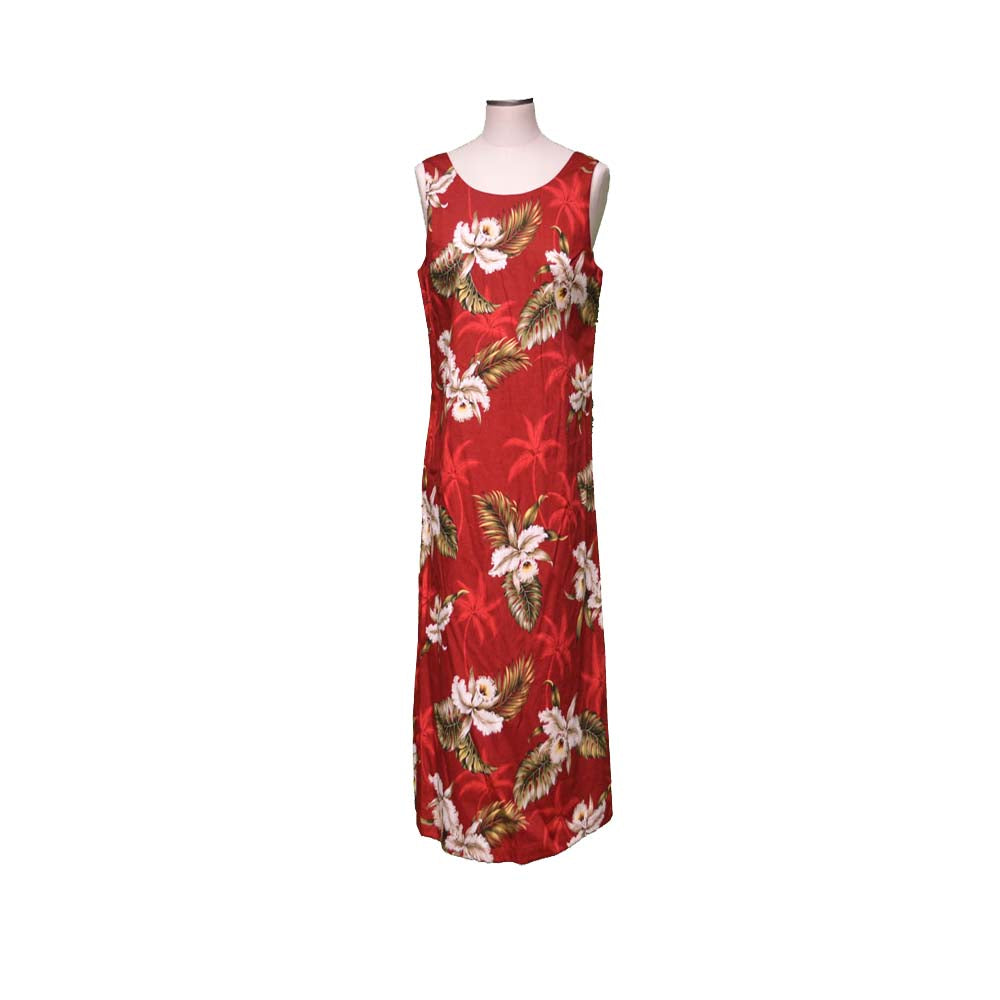 Red floral dress on a mannequin against a white background