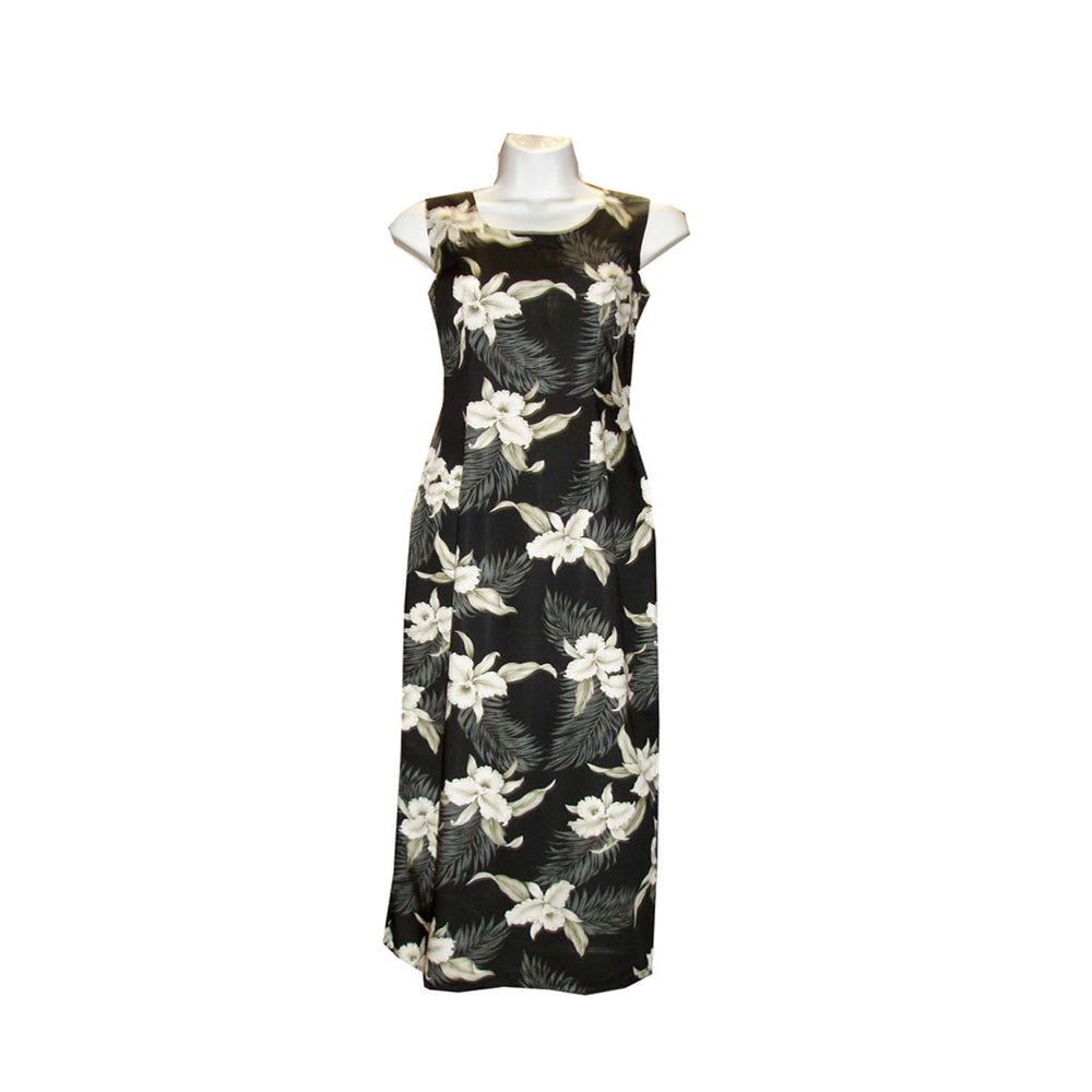 Orchid Garden Black Rayon Hawaiian Long Tank Dress