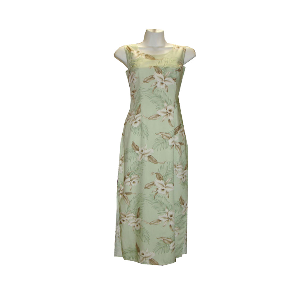 Orchid Garden Green Rayon Hawaiian Long Tank Dress