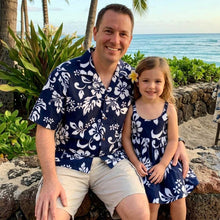 Load image into Gallery viewer, Father and daughter wearing matching Aloha outfits in the exclusive Original Hibiscus print, showcasing authentic made in Hawaii matching outfits by Ky’s.
