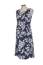 Load image into Gallery viewer, Navy dress with white floral pattern on a mannequin against a white background
