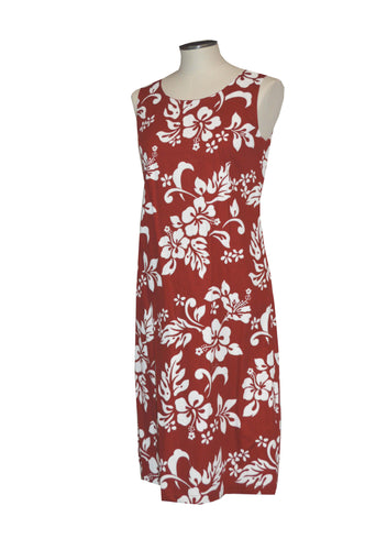Red dress with white floral pattern on a mannequin against a white background