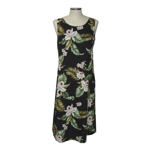Black sleeveless dress with tropical floral pattern on a mannequin against a white background