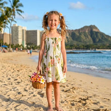 Load image into Gallery viewer, Little girl wearing the Palolo Coral kids aloha dress, an authentic girls hawaiian dress handmade in Honolulu.
