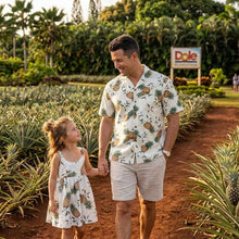 Load image into Gallery viewer, Father and daughter modeling tropical Hawaiian matching sets in exclusive Pineapple print, authentic island style family clothing by Ky's Hawaiian shirts
