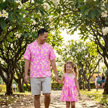 Load image into Gallery viewer, Father and daughter modeling matching tropical sets in exclusive Plumeria print, authentic island style family clothing by Ky's hawaiian shirt

