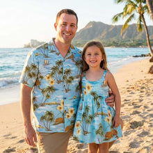 Load image into Gallery viewer, Father and daughter wearing matching Aloha outfits in the exclusive Polynesian Island print, showcasing authentic made in Hawaii matching outfits by Ky's
