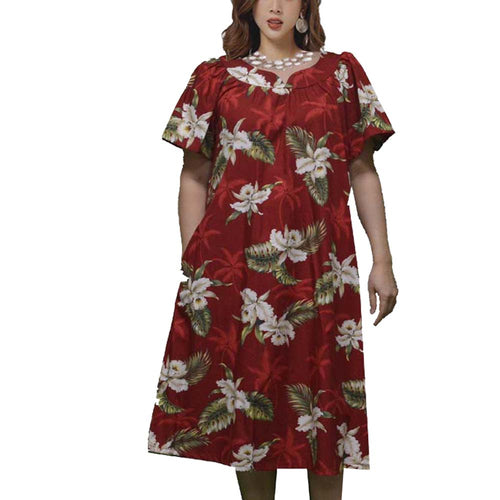 Red Hawaiian muumuu dress for women with Classic Orchid print – Honolulu made