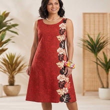 Load image into Gallery viewer, Handmade Red Hibiscus Side Hawaiian Midi Dress in Cotton Poplin.

