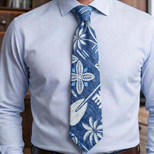 Load image into Gallery viewer, A men's necktie with a blue Navy Traditional Tapa reversible Hawaiian necktie made in Hawaii, 100% cotton poplin traditional tapa print tie
