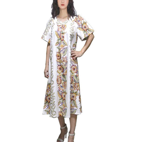 Woman wearing a floral dress on a white background